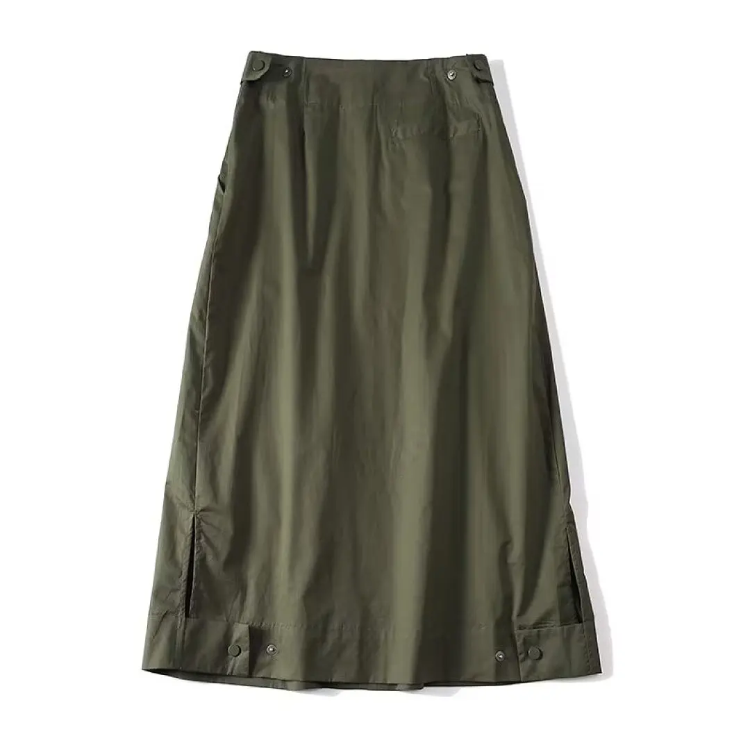 Maxdutti Minimalist French Countryside Dark Khaki Midi Skirt High Waist A-line Pleated Skirt Woman Clothing Faldas Skirts Female