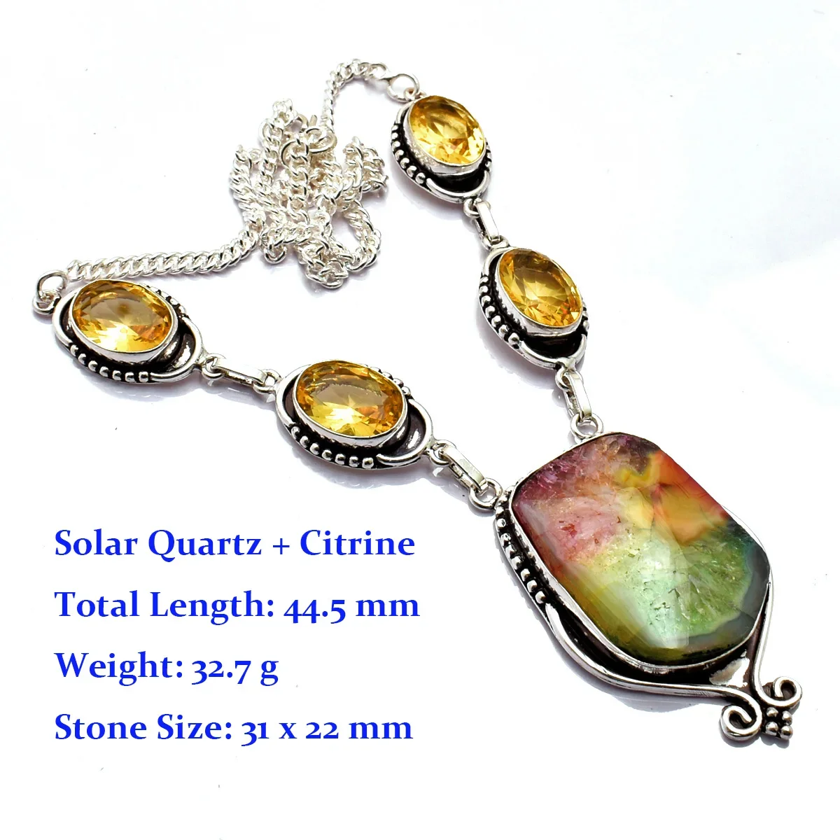 Genuine  Rose Quartz Solar Agate Solar Quartz Blue Topaz Peridot Citrine Coral Necklace  Silver Overlay Copper