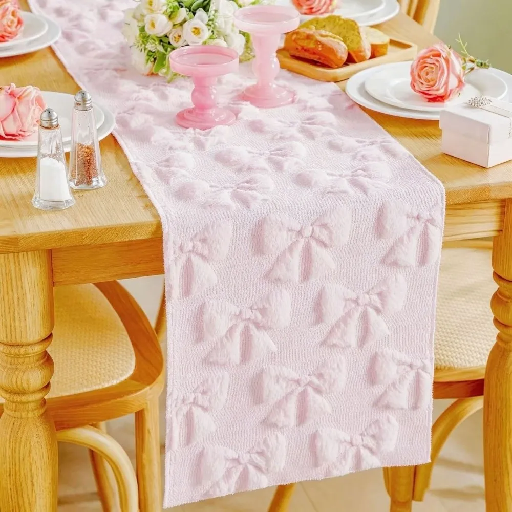 Comfortable Bow Table Runner Soft Texture Long 3D Tufting Dining Tablecloth Creative Rectangular Table Cover Restaurant