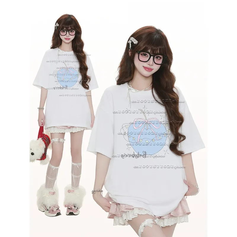 Korean Cartoon Apple 3D Printed Short Sleeved Women's Summer Sweet and Cool Style Versatile Quick Drying Top Trend
