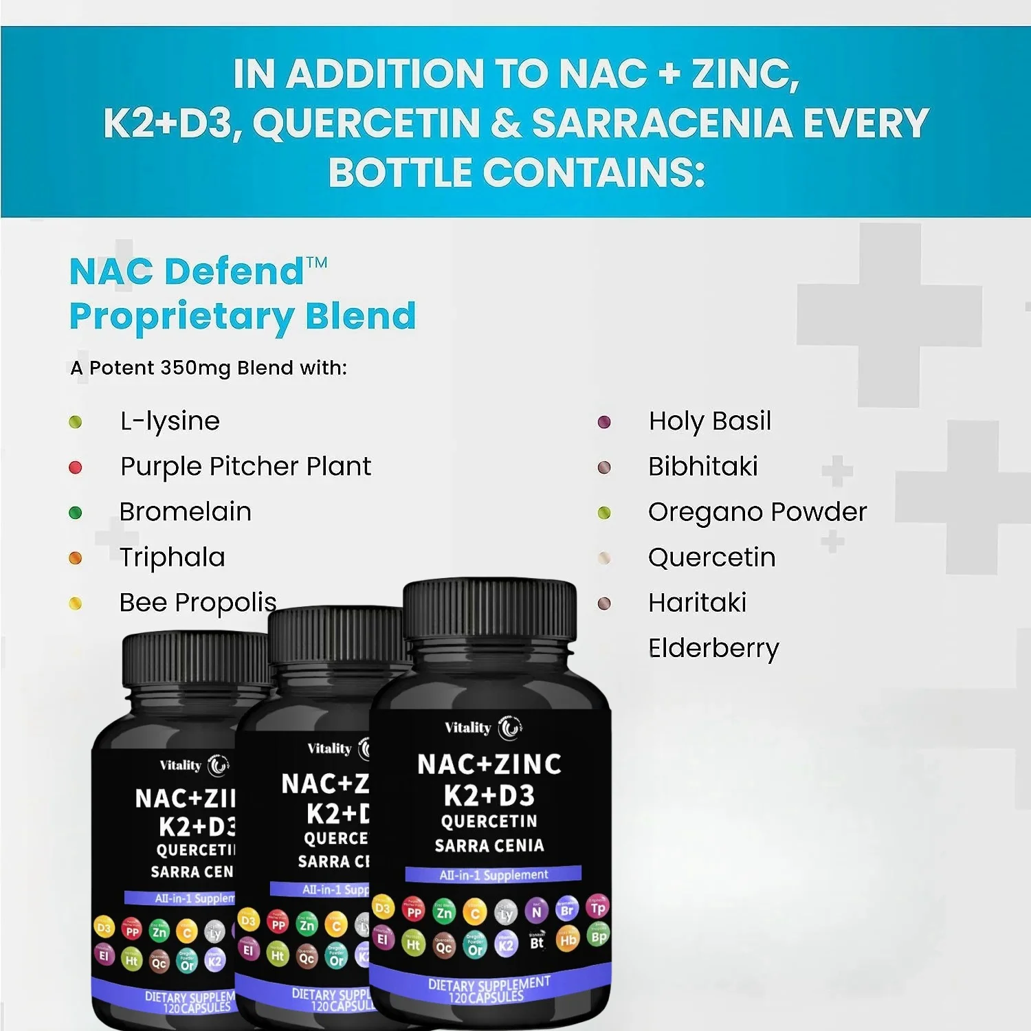 NAC  is rich in high-quality N-acetylcysteine NAC 1000mg supplement with added vitamin D3+K2, zinc complex, and quercetin 1000mg