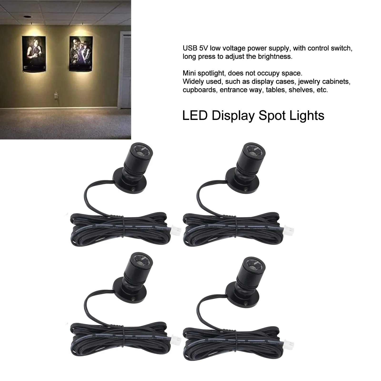 ZK40 4pcs LED Display Spot Lights 5V Dimmable USB Mini Spotlight for Jewelry Showcase Porch Entryway Black Warm Light