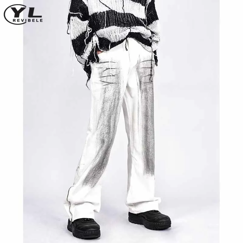 High Street Splash-ink Graffiti White Jeans Men Women Y2k Harajuku Casual Zipper Straight Denim Pants Loose Wide Leg Trousers