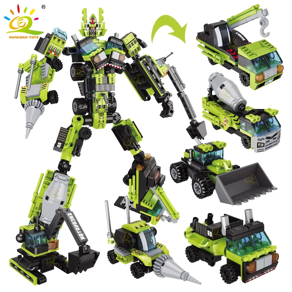 HUIQIBAO 6IN1 Engineering Transformation Robot Building Blocks Excavator Bulldozer Car Bricks City Construction Toy For Children