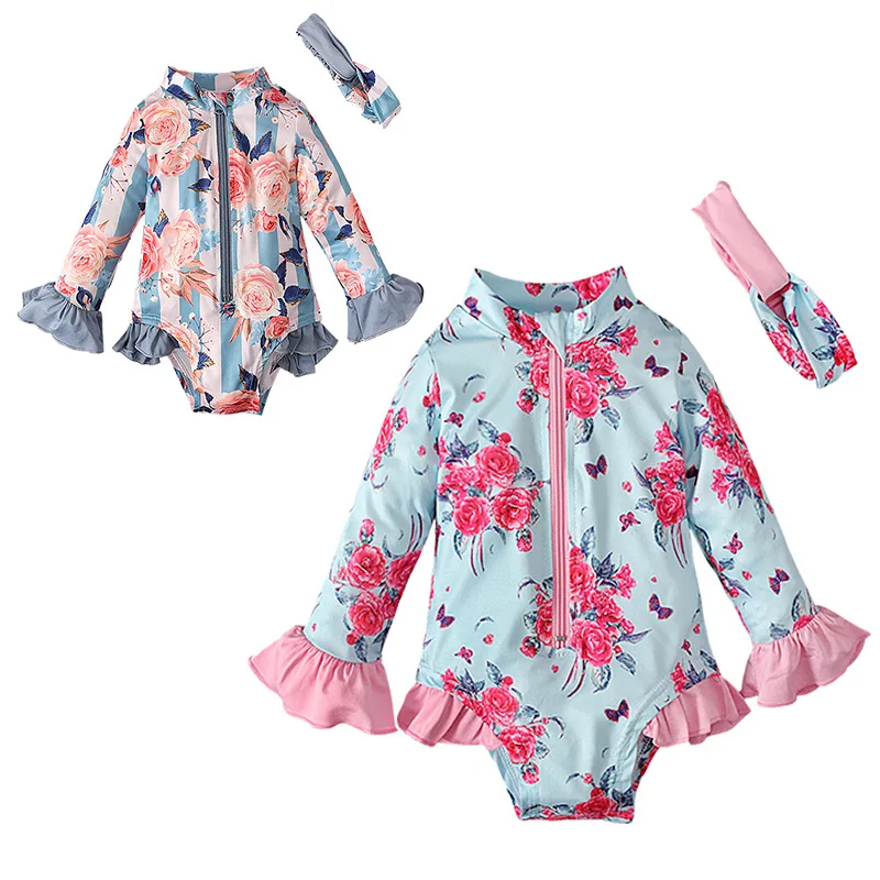 2pcs Children's Spring and Autumn Season Girl's Floral Half Zip Long Sleeved Jumpsuit with Headband, Two-piece Swimsuit Set