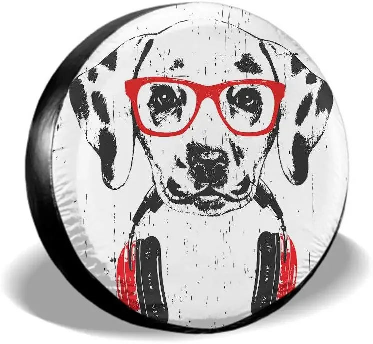 Tire Cover Red Glass Dalmatian Funny Animal Puppy Wearing Hip Hop Headphone Glasses Lovely Pet Wheel Cover Fit for Trailer SUV