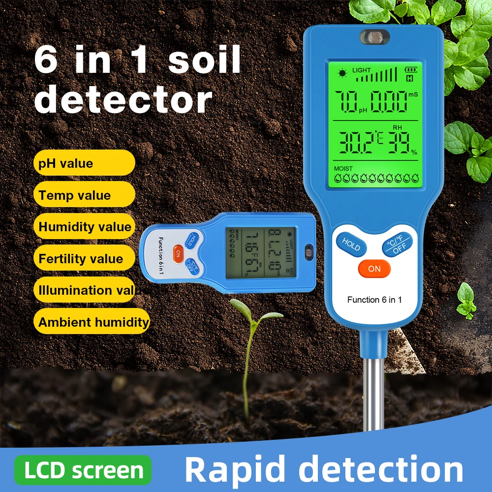 Digital 6 in 1 Soil Meter Handheld Soil Moisture Sunlight Fertility Humidity Temp Detector Garden Soli Analyzer for Flower Plant