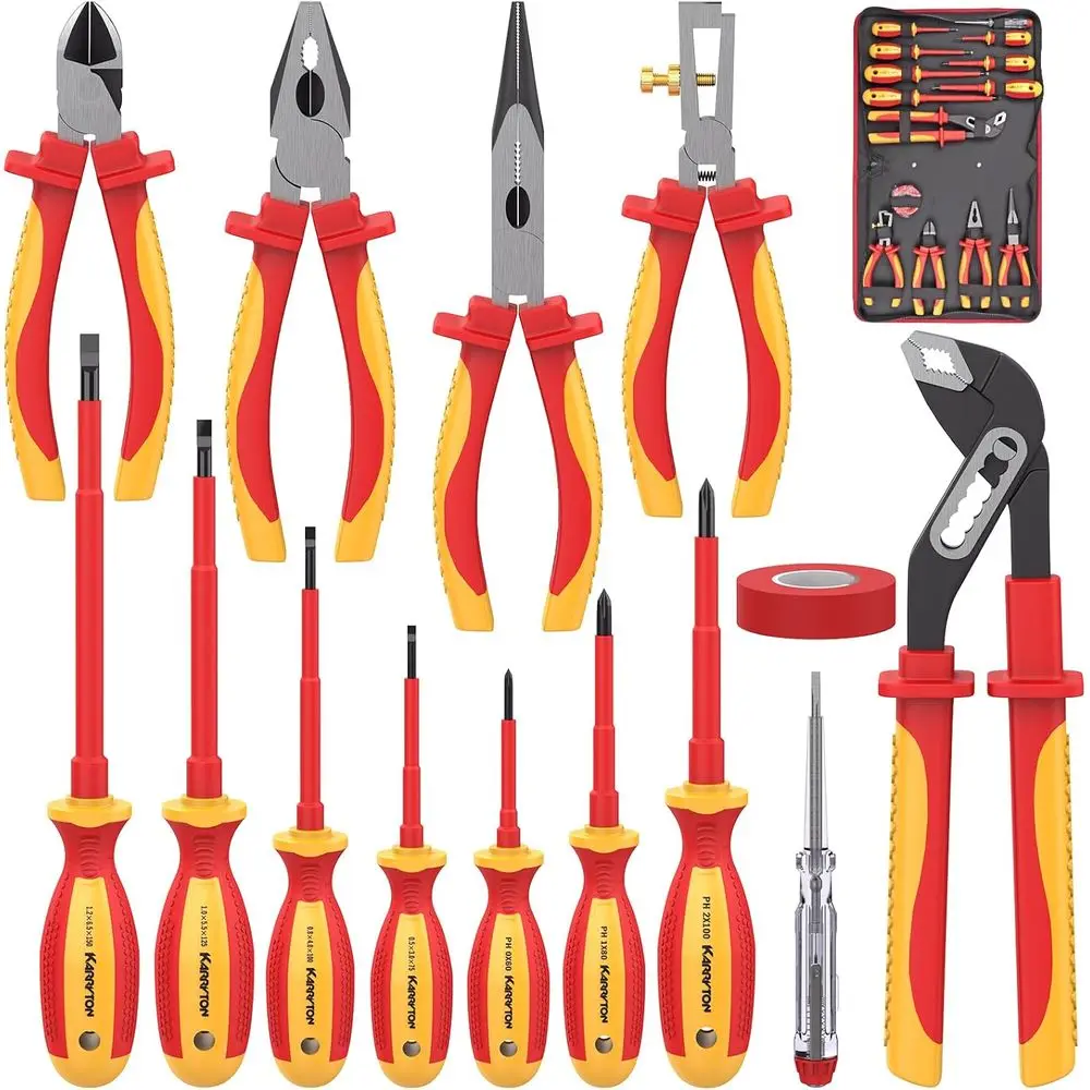 

1000V Insulated Electrician Tool Set, VDE Certified, Pliers, Screwdrivers, Voltage Tester, All-in-One Bag, Ideal for Home and In