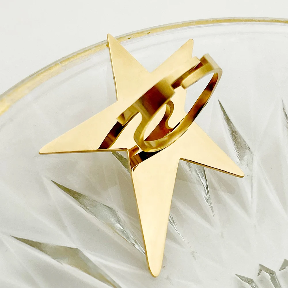 May@RZ Gold Stainless Steel Big Star Five-pointed Star Ring Simple Jewelry Gift Women Fashion Unique