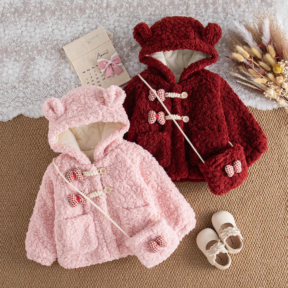 

Winter New Baby Girl Fleece Coat Hooded Sweet Bow Gift Bag, Warm Daily Outdoor Children'S Clothing (9 Months To 4 Years Old)