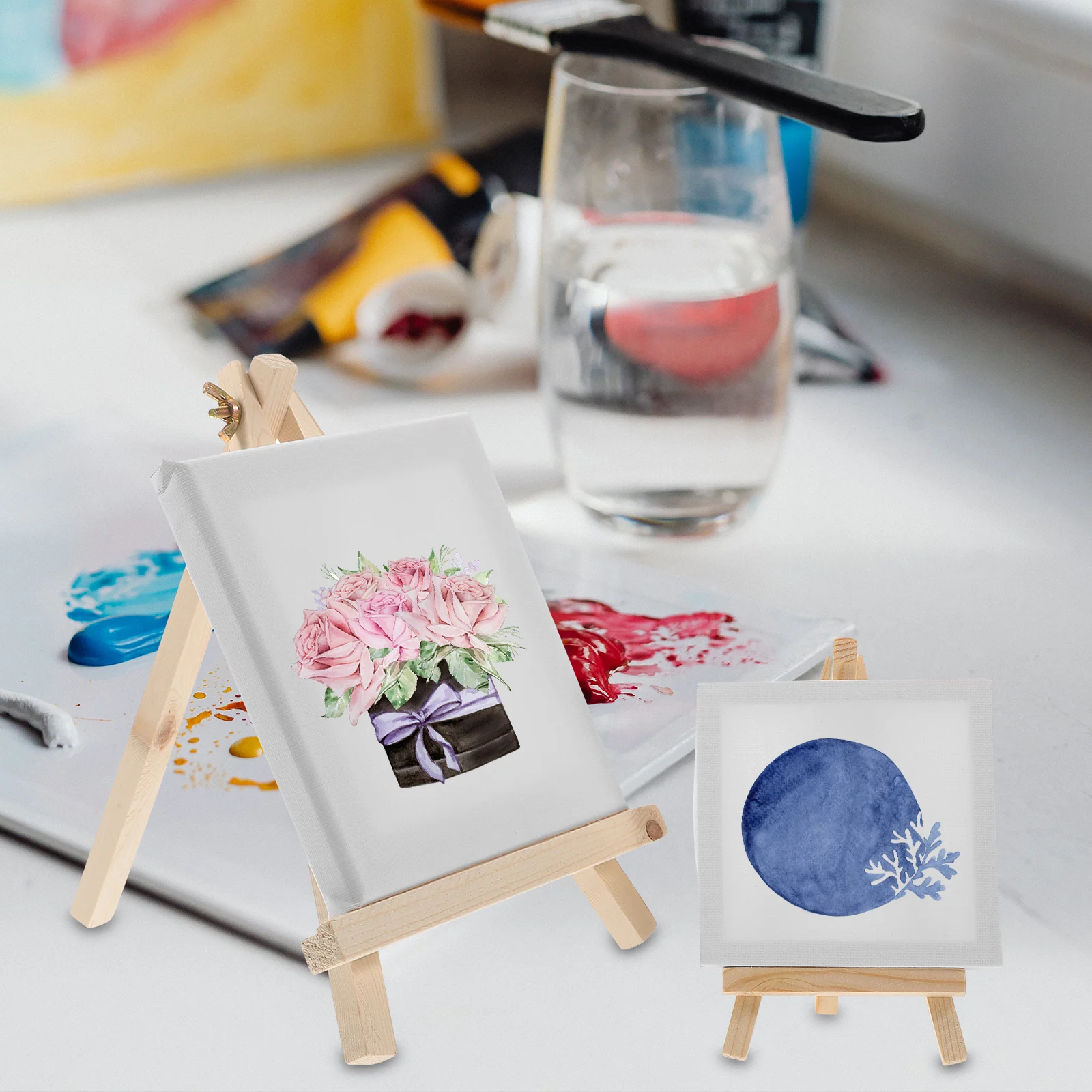 

2Pcs Mini Sketching Easel Set Portable Wood Frame Pre-Mounted Canvas for Table Decoration DIY Art Project Drawing Stand