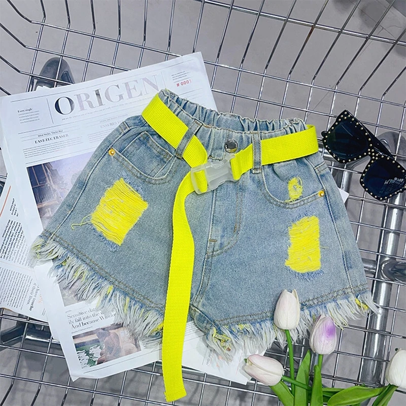 Girls Denim Shorts for Kids Fashion Summer High Waist Pink Yellow Color Ripped Shorts with Free Belt 4 5 6 7 8 9 11 12 13 14Year