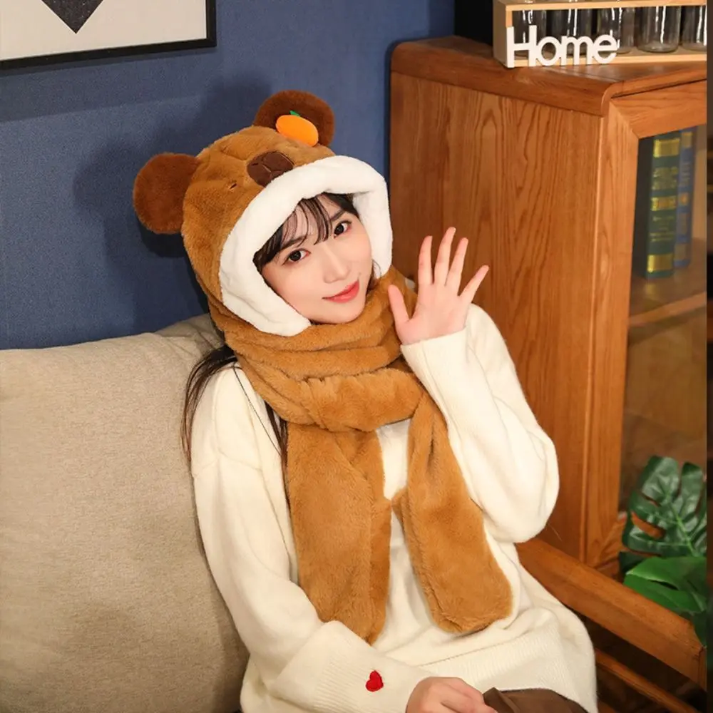 Casual 3in 1 Hat Scarf Gloves Set Thickened Winter Warm Capybara Beanie Cap Ear Protection Plush Cartoon Neck Hat