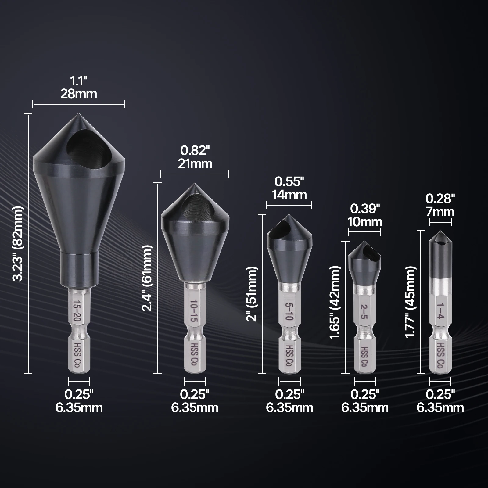 HEDA 1/4" Hex Shank HSS M35 Cobalt TiAlN Countersink Drill Bit 90 Degree Deburring Chamfering Hole Cutter For Stainless