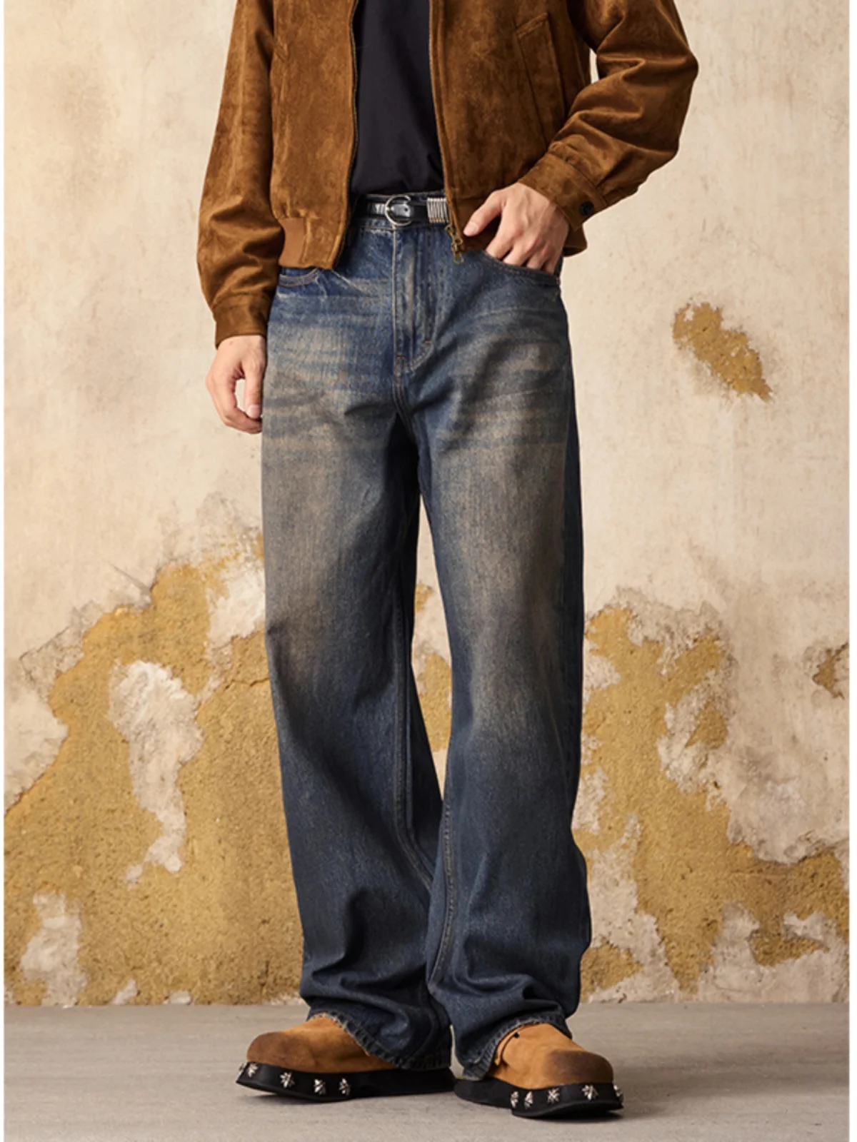 

Bla Armada American Retro Waed Men's Loose Straight Leg Jeans Trendy High Street Long Pants Cotton Youth ular Daily Wear