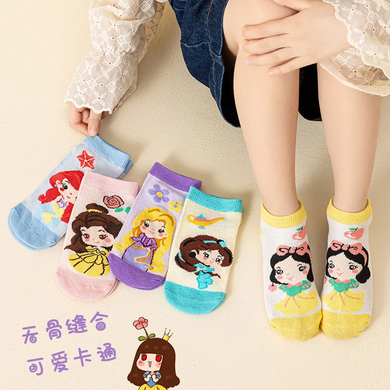 

5 Pairs Disney Kids Socks Mesh Breathable Ice Thin Socks Summer Kawaii Cartoon Childrens Mid-calf Cotton Sock for Girls