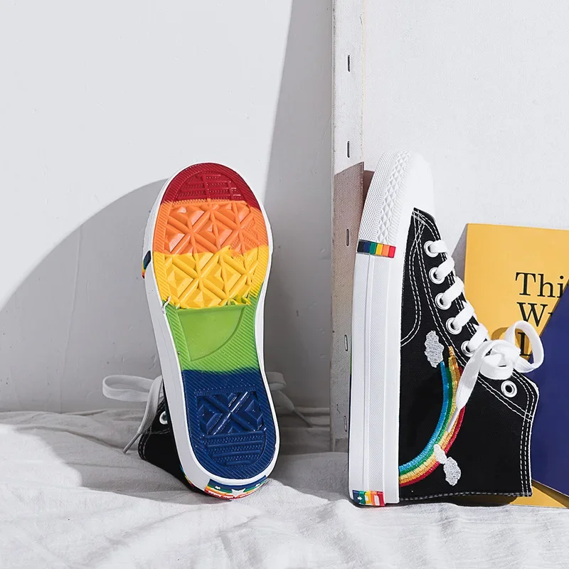 New Women Canvas Sneakers Rainbow High Top Canvas Shoes Woman Sneakers Vulcanized Shoes Fashion Summer Sneaker Flats White Shoes