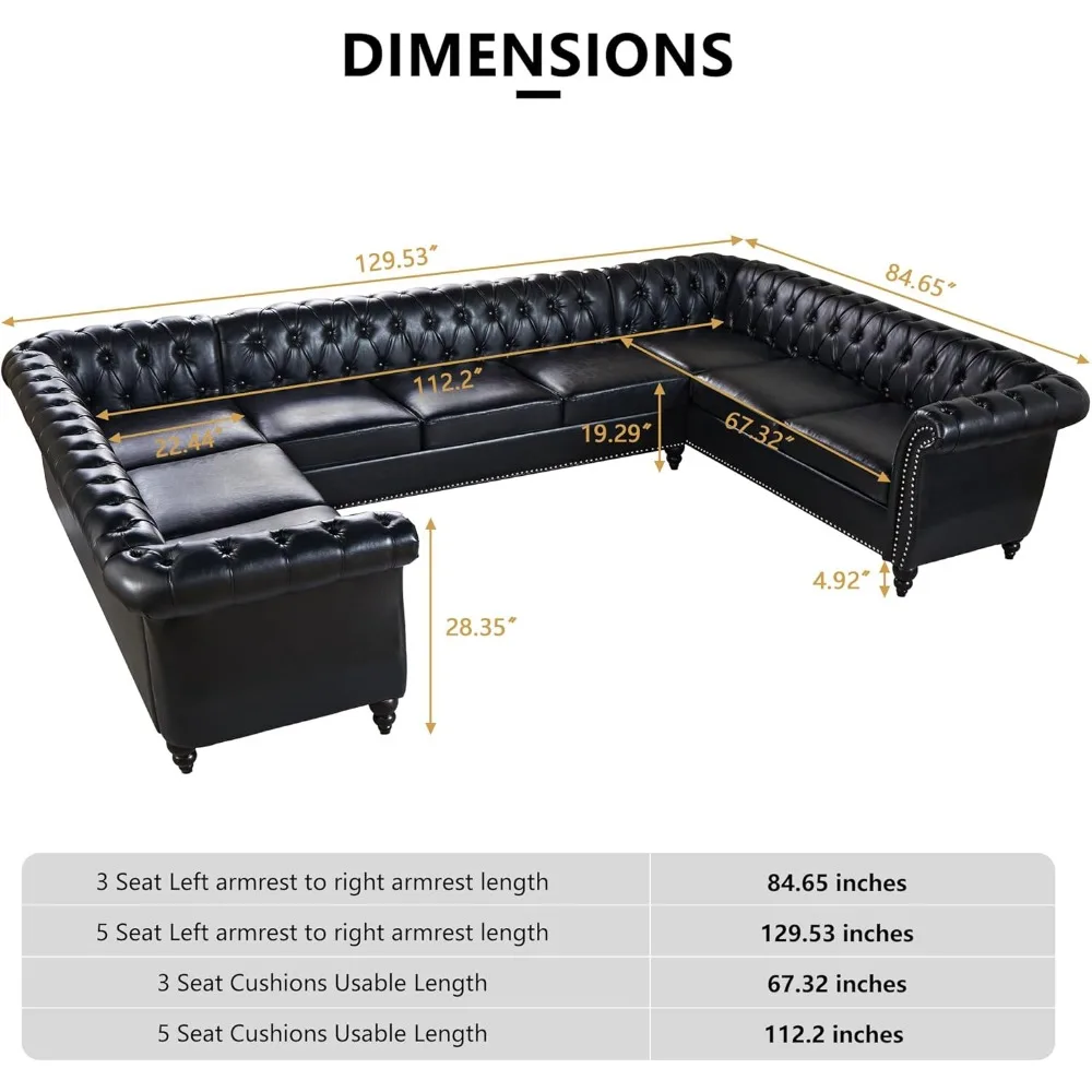 U-Shaped Sofa Sectional Leather Faux Couch 9-Seater Upholstered Large Accent Tufted Sofa with Rolled Armrest and Nailhead Design