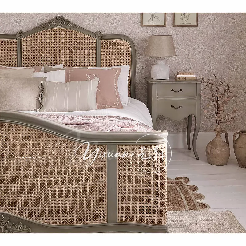 سرير فني من الخشب الصلب العتيق من الخيزران، سرير مزدوج فرنسي بسيط