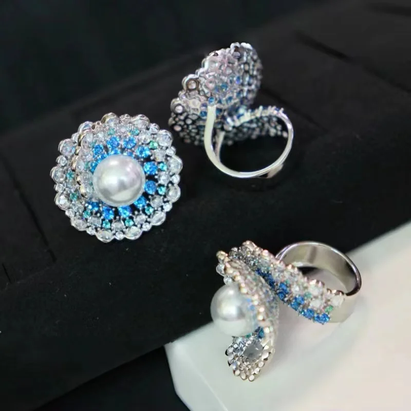 ZOCA High Quality Sparkling Blue Zircon Large Flower Ring Female 925 Sterling Silver Fashion Wedding Party Proposal Jewelry Gift