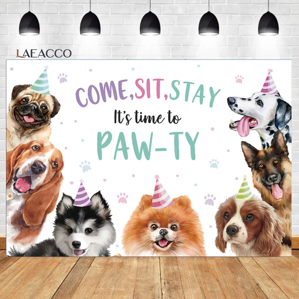 Laeacco Baby Birthday Party Background Cartoon Watercolor Cute Dogs Celebrate Child Portrait Customized Photographic Backdrops