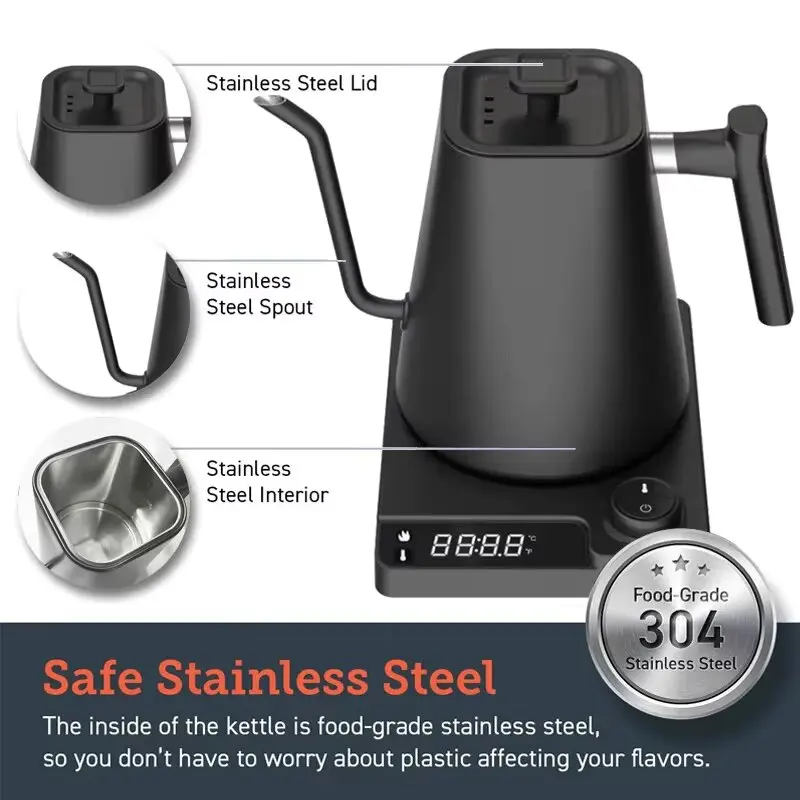 110V 220V Gooseneck Electric Kettle 1000ml Smart Temperature Control Pot 1200W Rapid Heating Kettle 304 Stainless Steel Liner