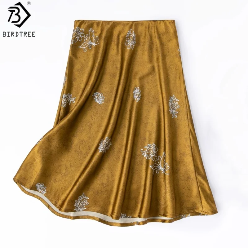 Birdtree, 100% Real Silk Print Skirt, Elastic Waist, Bias-cut, Women Plain Satin Elegant Short Skirts, 2026 Summer New D66022JF