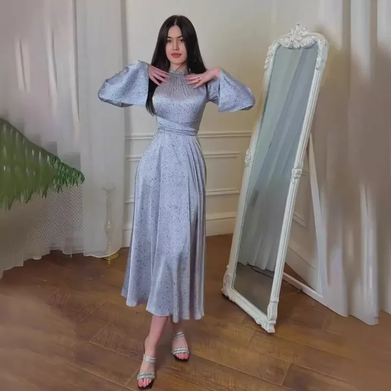 أزياء الصلبة اللون الربيع لطيف الرياح الدانتيل متابعة الساتان طباعة سيدة نمط فستان طويل S9115