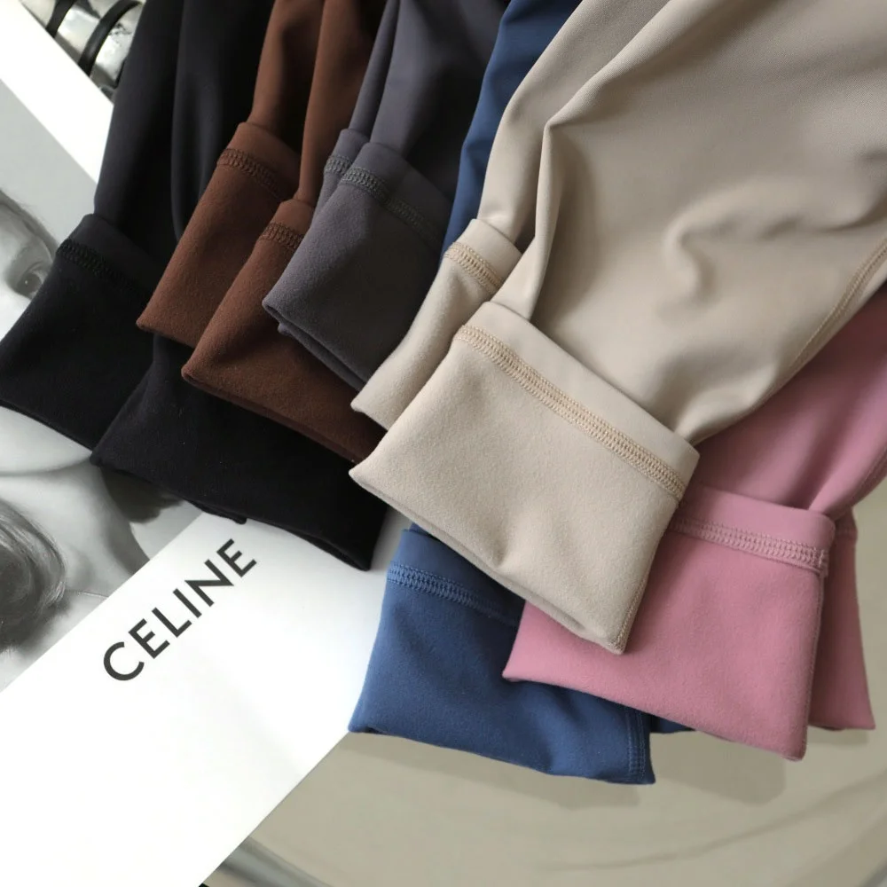 بنطلون يوجا نسائي عالي الخصر مبطن بالفرو، ضيق ومرن للتنحيف والتحكم في البطن، بنطلون طويل كاجوال من النايلون والسباندكس