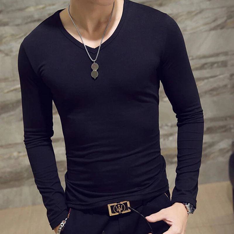 2023 Elastic Mens T-Shirt O-Neck Round Neck Long Sleeve Men T-Shirt For Male Lycra And Cotton T-Shirts Man Clothing