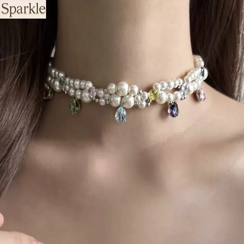 

Luxury Rainbow Multi-Color Crystal Choker Necklace for Women Double-Layer Colorful Pearl Clavicle Chain Jewelry Macaron Y2K