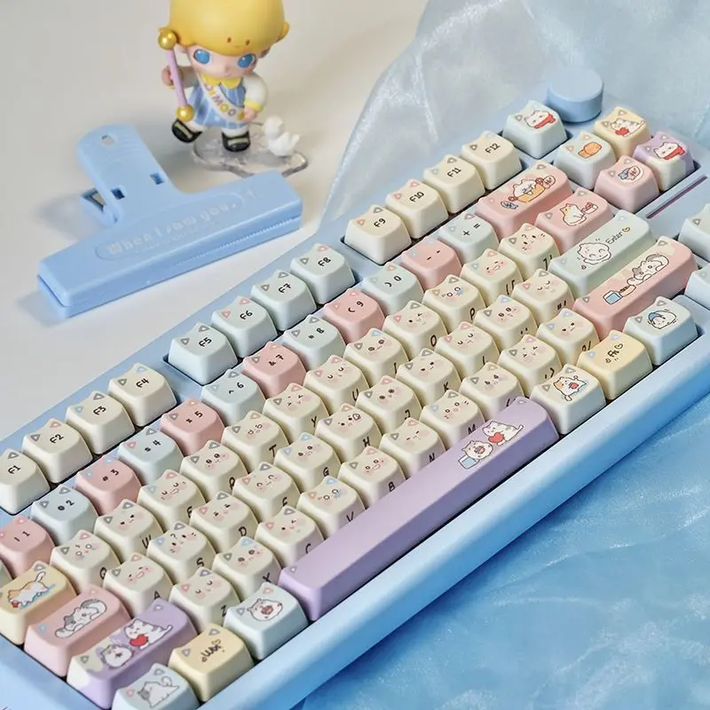Cute Cat Keycaps 128 Keys Set PBT Dye Cute BOX Gift Keyboard Cap MAO Profile Customization Key Cap for Mechanical Keyboard