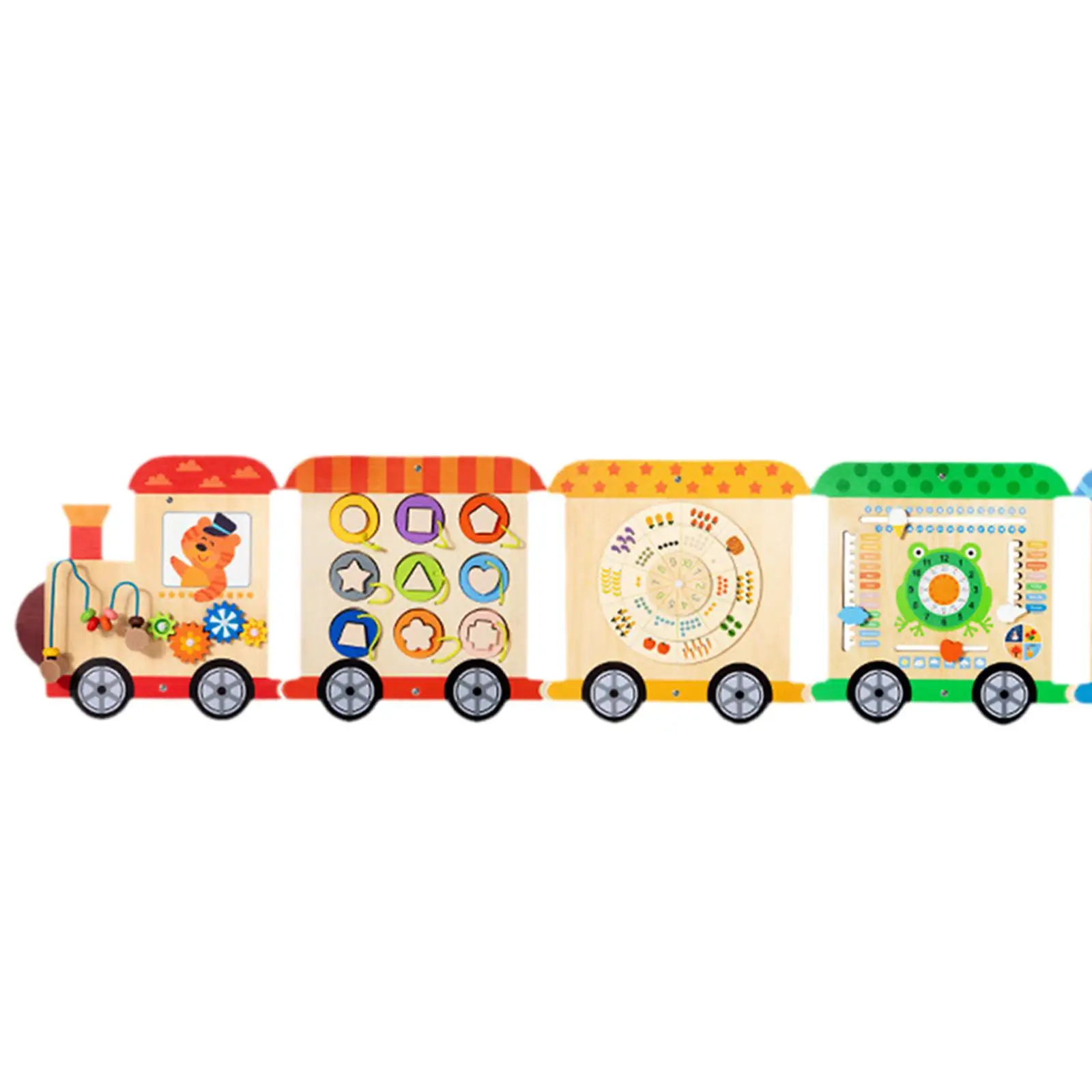 Placa ocupada de parede de atividade de trem, madeira, brinquedo de sala de jogos de reconhecimento de forma de cor, painel de parede educacional e sensorial para crianças pré-escolares
