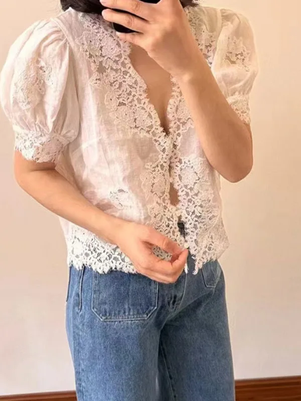 

Ele V-ne Bubble Sve Single-button irt Women's Faion Summer Fre Lace Trim Quali Top Straight Cut ort Sve