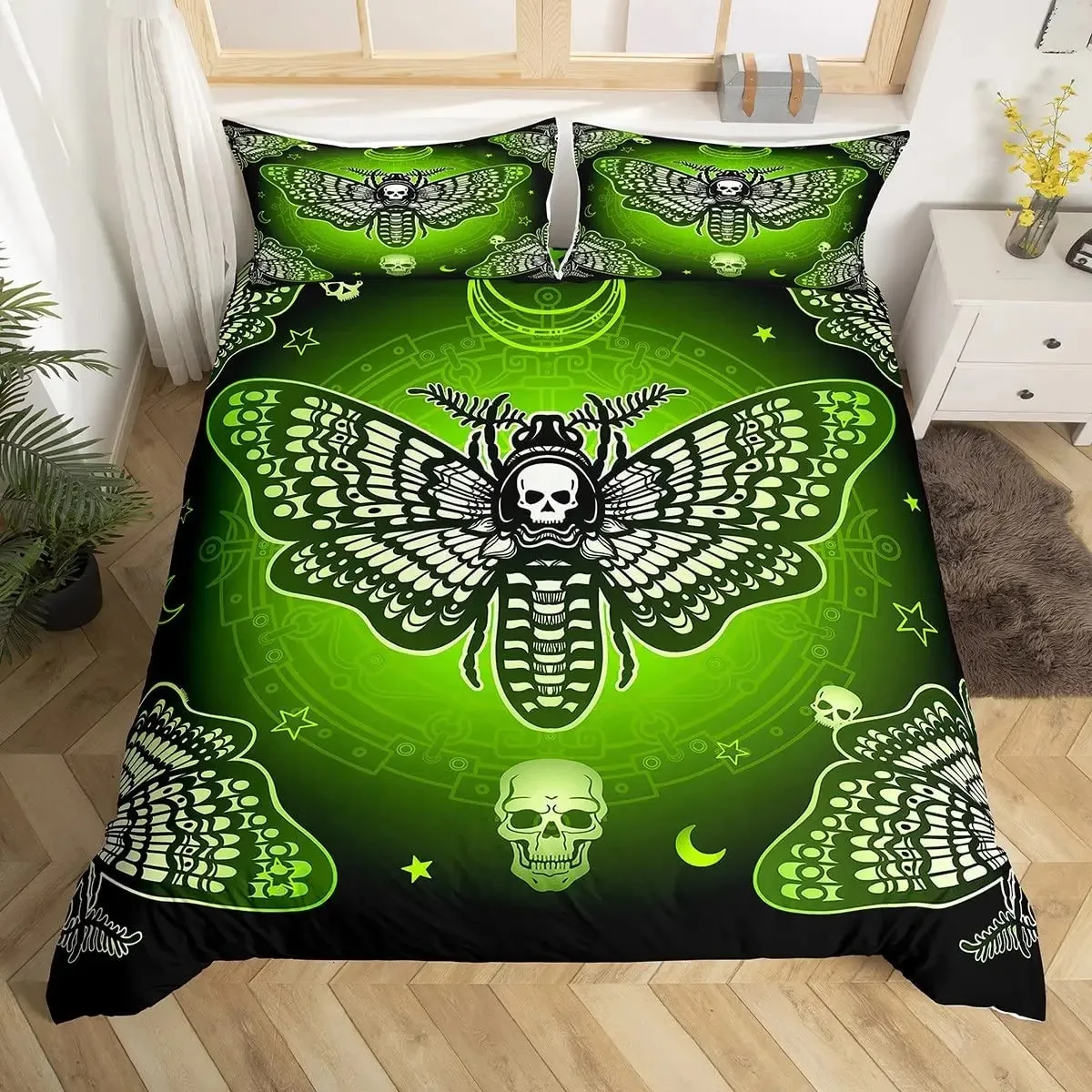 

Death Moth Duvet Cover Set King Queen Full Twin Size Galaxy Sun and Moon Polyester Comforter Cover Boho Gothic Skull Bedding Set