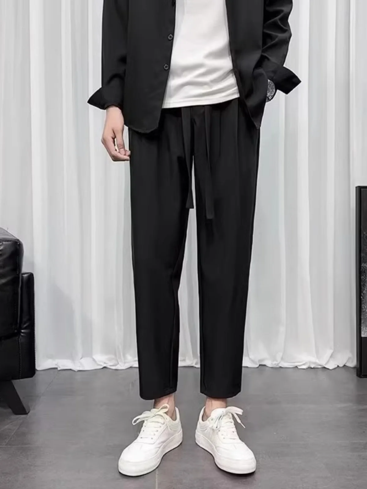 

Мужские летние тонкие прямые повседневные брюки из ледяного шелка, свободные широкие брюки с драпировкой, модные брендовые брюки в западном стиле