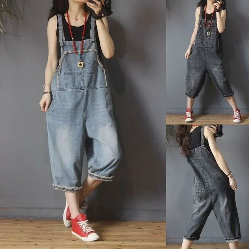 

Denim Jumpsuit for Women Vintage Korean Style One Piece Outfit Casual Loose Harem Pants Clothing for Women Cropped Jeans XT1597