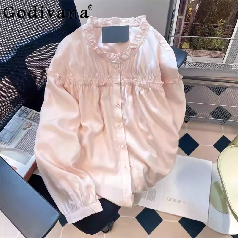 

Pink French Retro Sweet Ruffles Court Lolita Bottoming Shirt Women Spring Autumn Long Sleeves Loose Age Reduction Versatile Tops