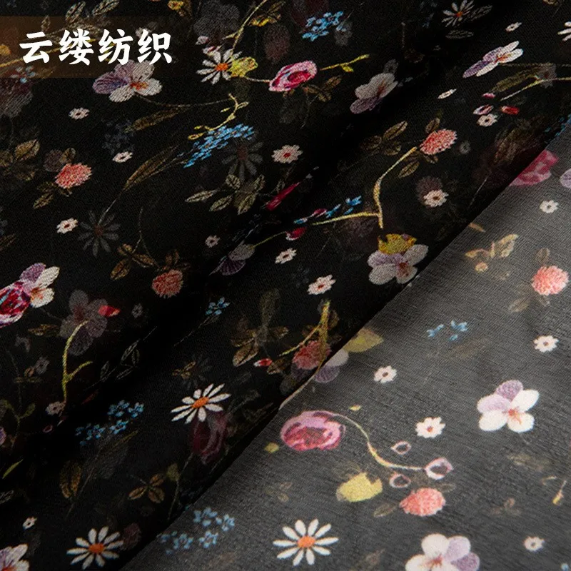 

Silk georgetch fabric printed black base soft mist floral print dress cheongsam