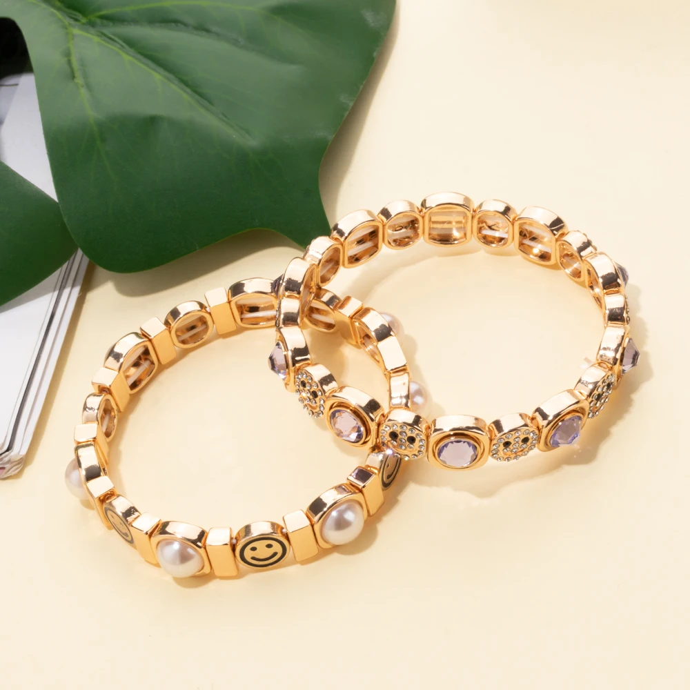 2024 New Fashion Gold Color Enamel Bracelets For Women Happy Face Heart Charm Beaded Hand Accessory