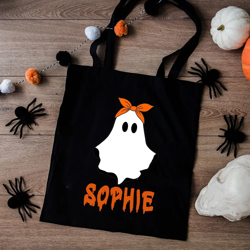 Sac fourre-tout personnalisé avec nom pour enfants, tour ou anlande, fantôme, fête d'Halloween, sacs à bonbons pour enfants, cadeau de vacances d'automne