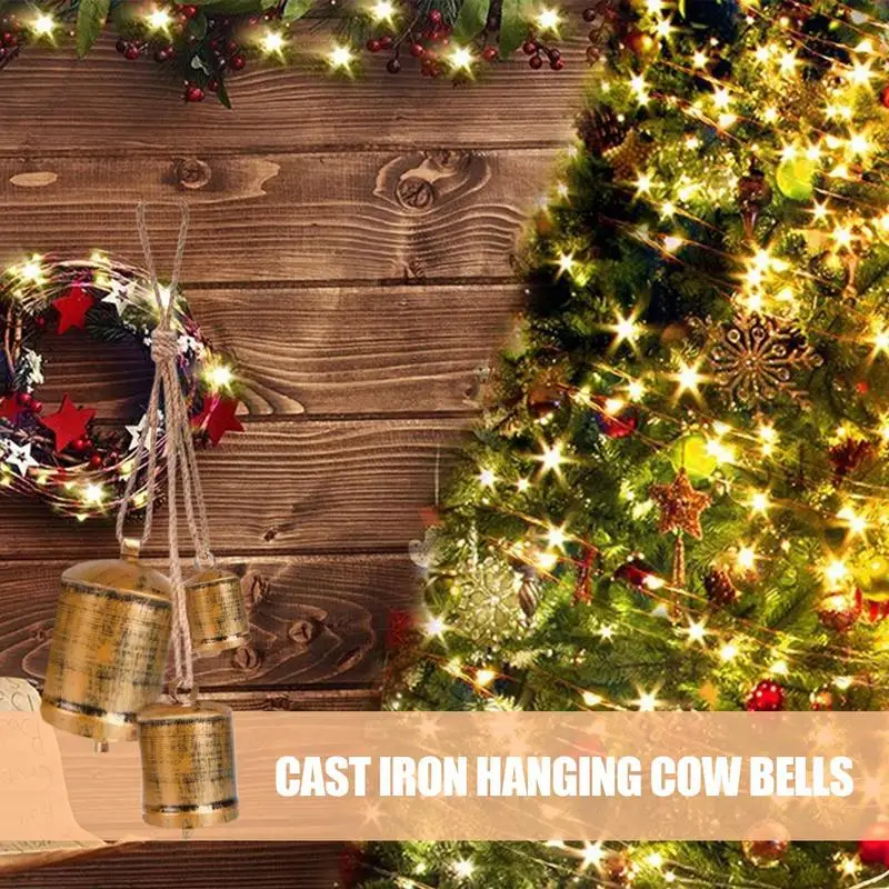 Christmas Cow Bells 3 Bells Cluster Wall Hang Decor Harmony Bells Handmade Lucky Christmas Hang Bells On Rope For Decoration