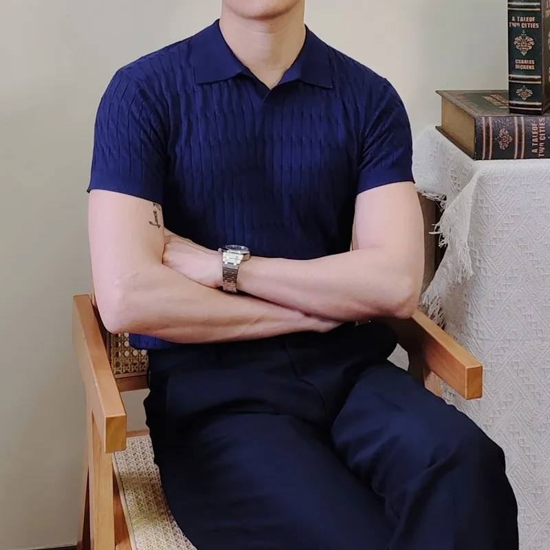 

Летняя мужская повседневная облегающая рубашка поло с короткими рукавами и лацканами, вязаный свитер, однотонная дышащая деловая футболка