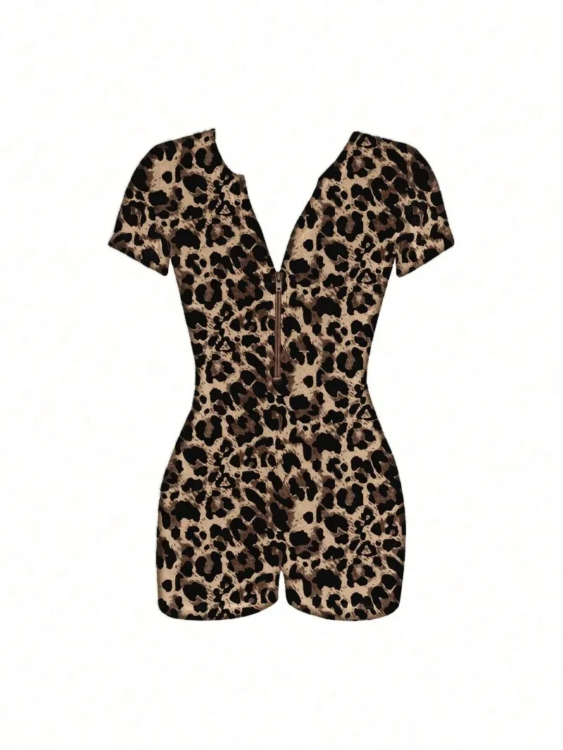 Women Skinny Leopard Print Playsuits Sexy Deep V Neck Short Sleeve Zipper Slim Midnight Club Rompers Casual Streetwear Overalls