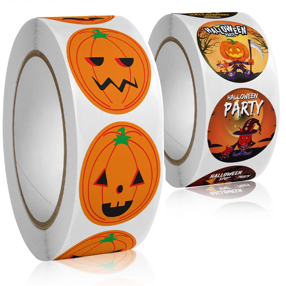 500pcs Halloween Stickers for Treat Bags Pumpkin Waterproof Self Adhesive Round Roll Holiday Stickers Halloween Parties Gift