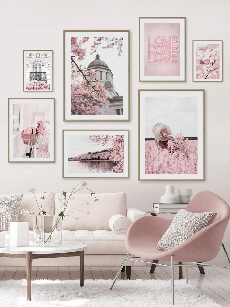 Pink Style Cherry Blossoms ParisWall Art CanvasPainting Poster Flower Pink PrintsNature Painting Living Room Interior Decoration