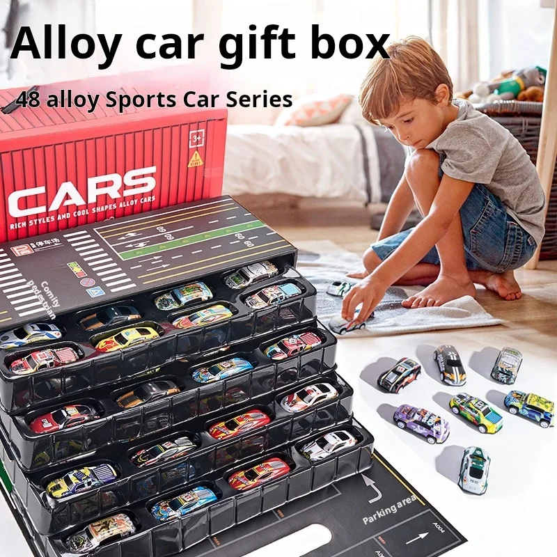 48 Uds. Coches extraíbles de aleación para niños, Mini vehículos de Metal, coches de carreras de inercia, juguetes con contenedor, caja de almacenamiento, juguete para niños, regalos