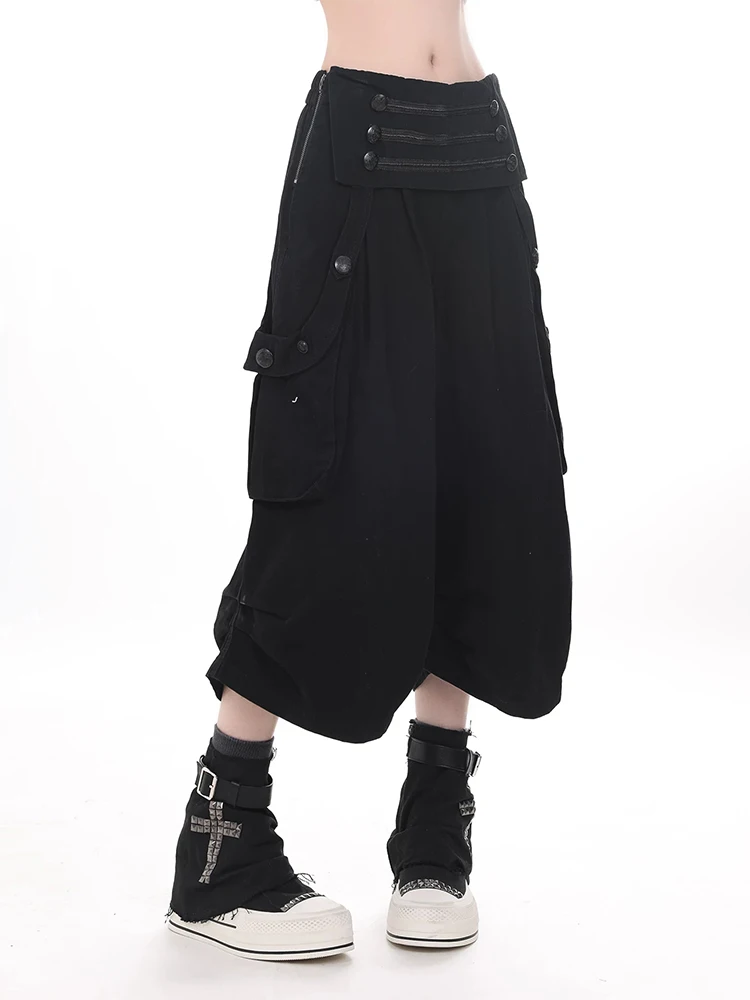 REDDACHiC Grunge Black Cargo Jeans Jorts Women Emo Button Decor Elastic Waist Pleat Denim Bermuda Pants Punk Alternative Clothes view 2