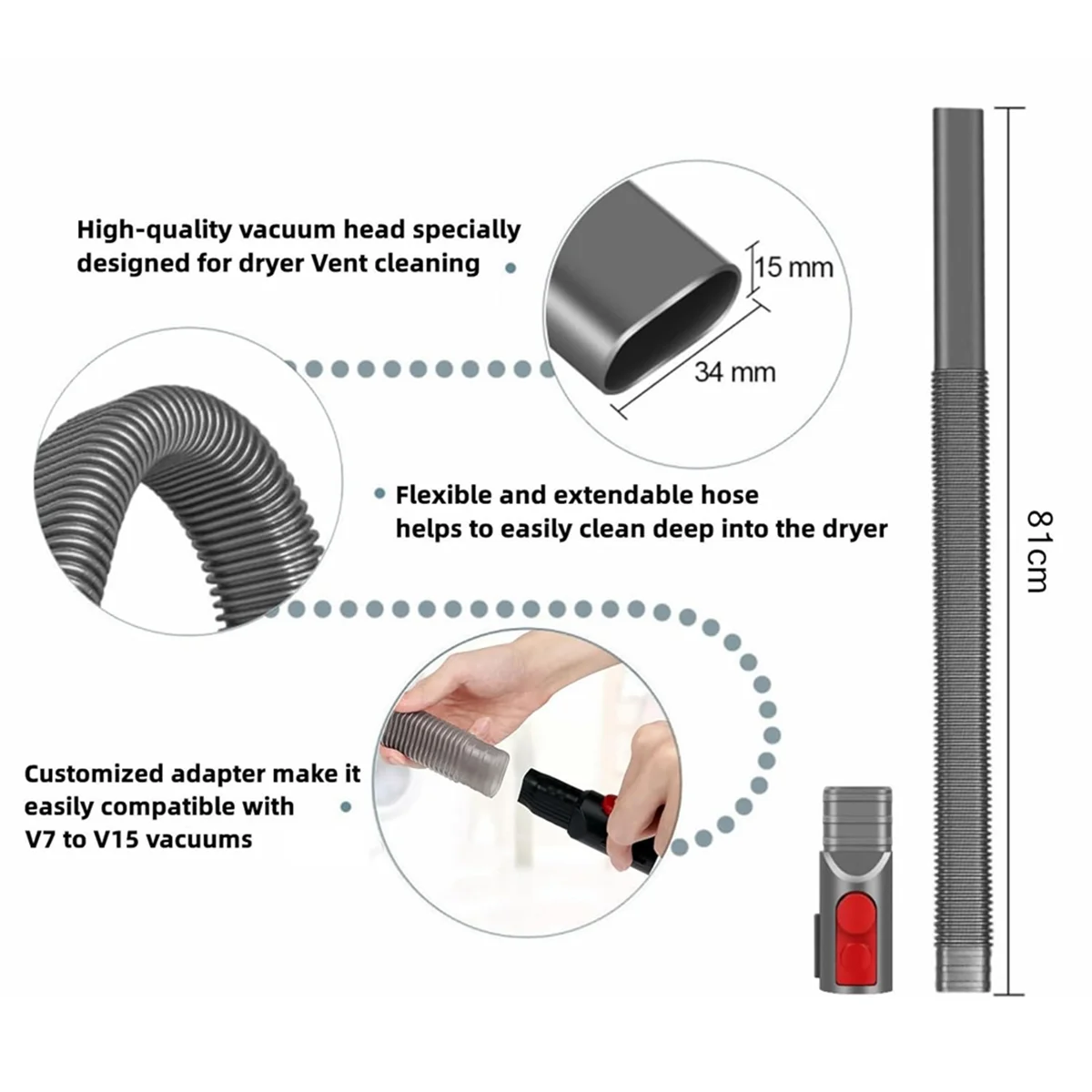Kit de limpeza de ventilação do secador para v15 v11 v10 v8 v7 aspirador de pó secador removedor de fiapos mangueira flexível e ferramenta de fenda