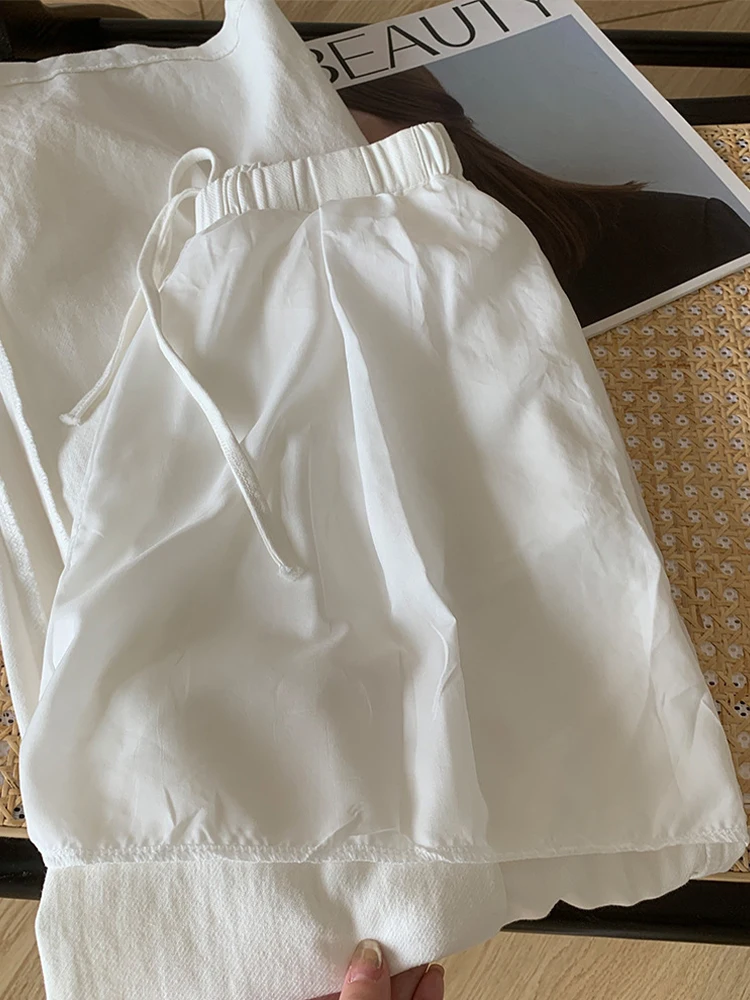 White Cotton and Linen Wide-leg Pants Women's Summer Thin Elastic Waist Versatile Casual Loose Straight Trousers Baggy Pants